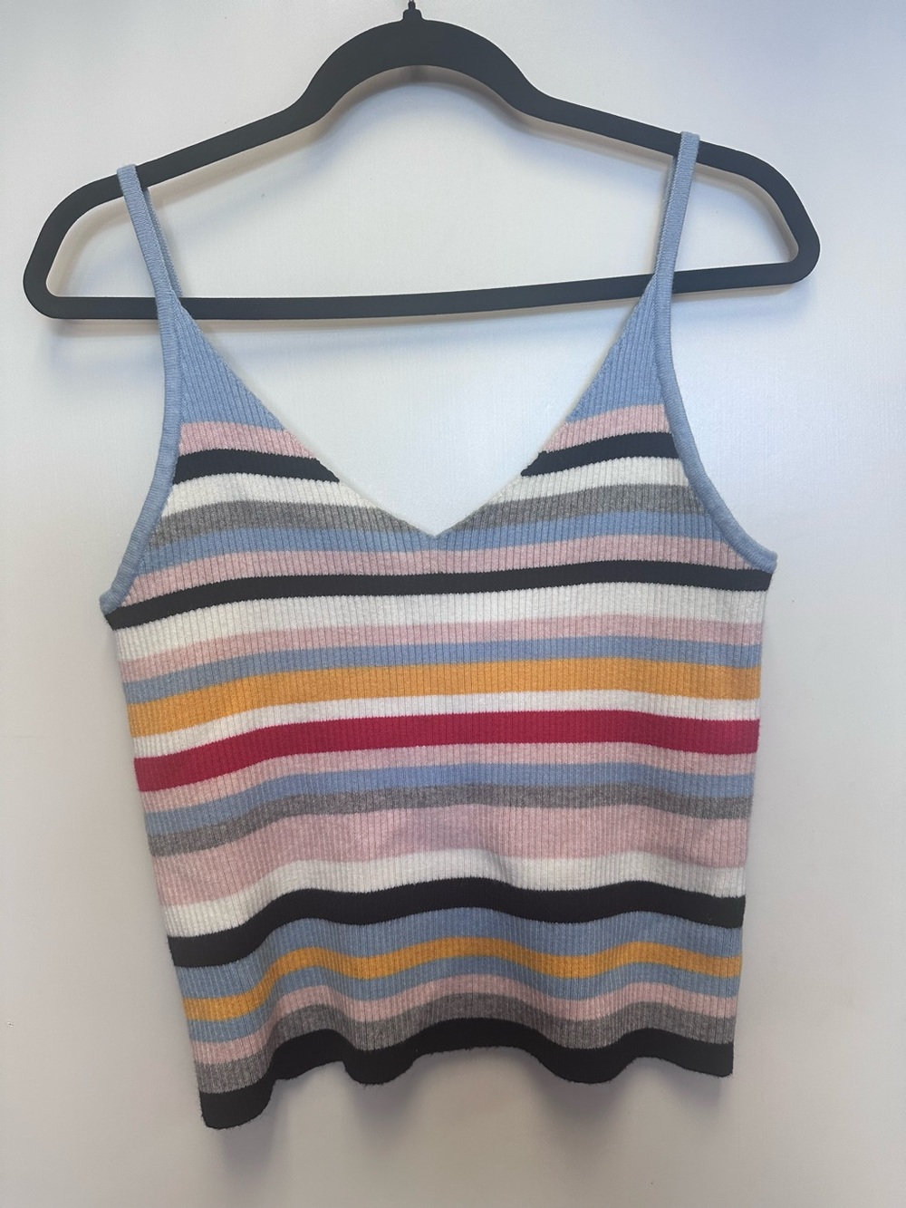 Cotton Emporium Pastel Multi-Stripe Ribbed V-Neck Tank - Blue/Pink/Mustard
